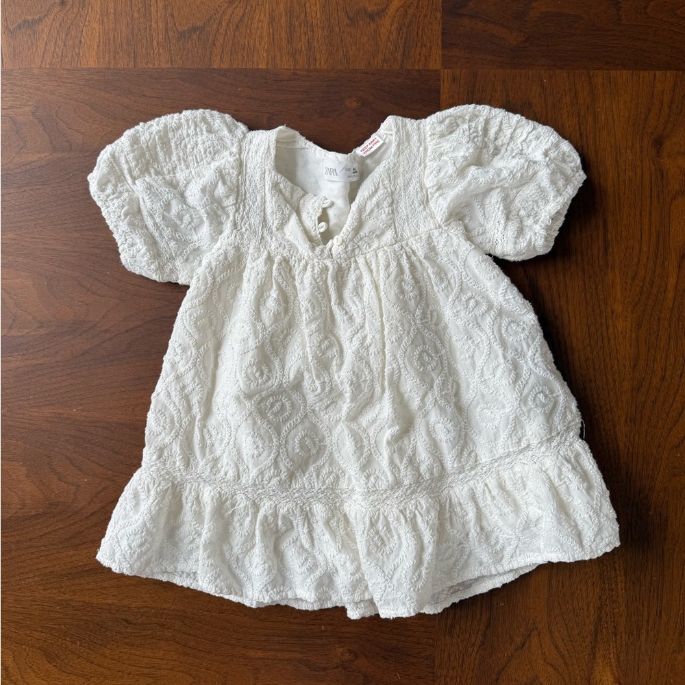 Zara White Textured Puff-Sleeve Baby Top